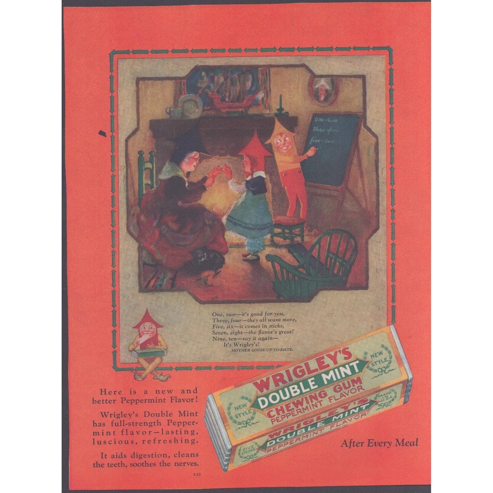 Vintage 1930s Wrigleys Double Mint Chewing Gum Mother Goose Print Ad 9.4x12.5